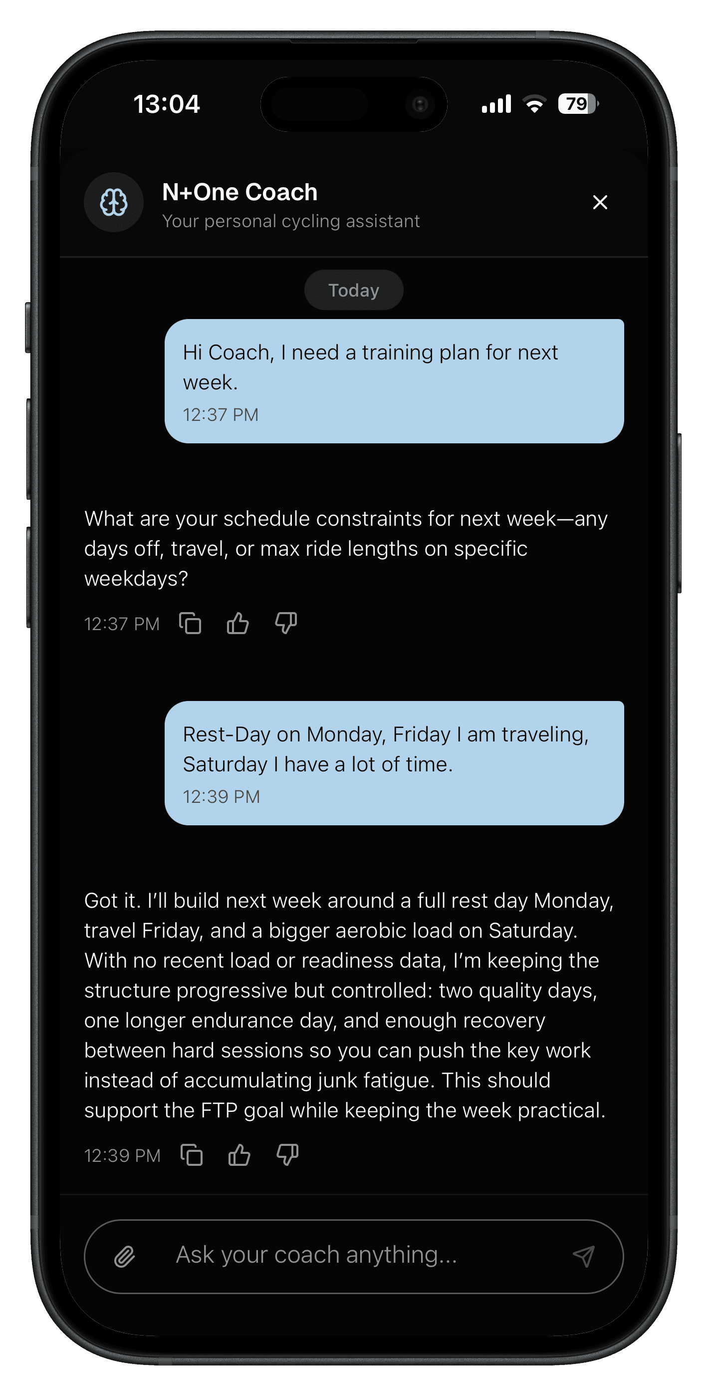 N+One coach chat conversation with user constraints and personalized weekly guidance