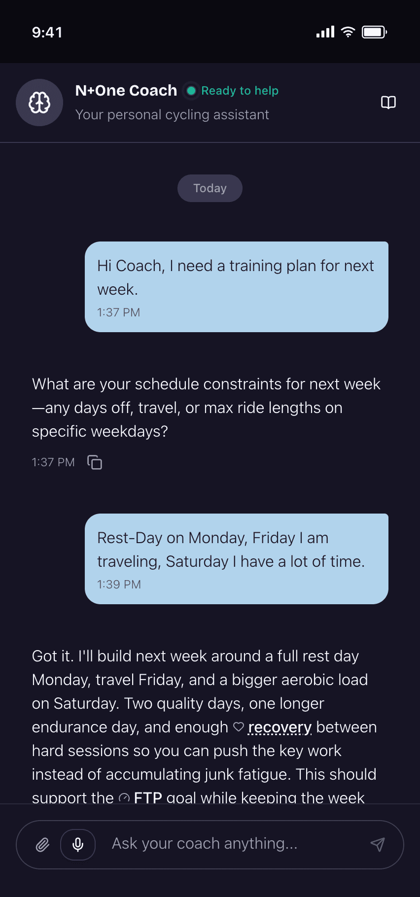 N+One coach chat conversation with user constraints and personalized weekly guidance