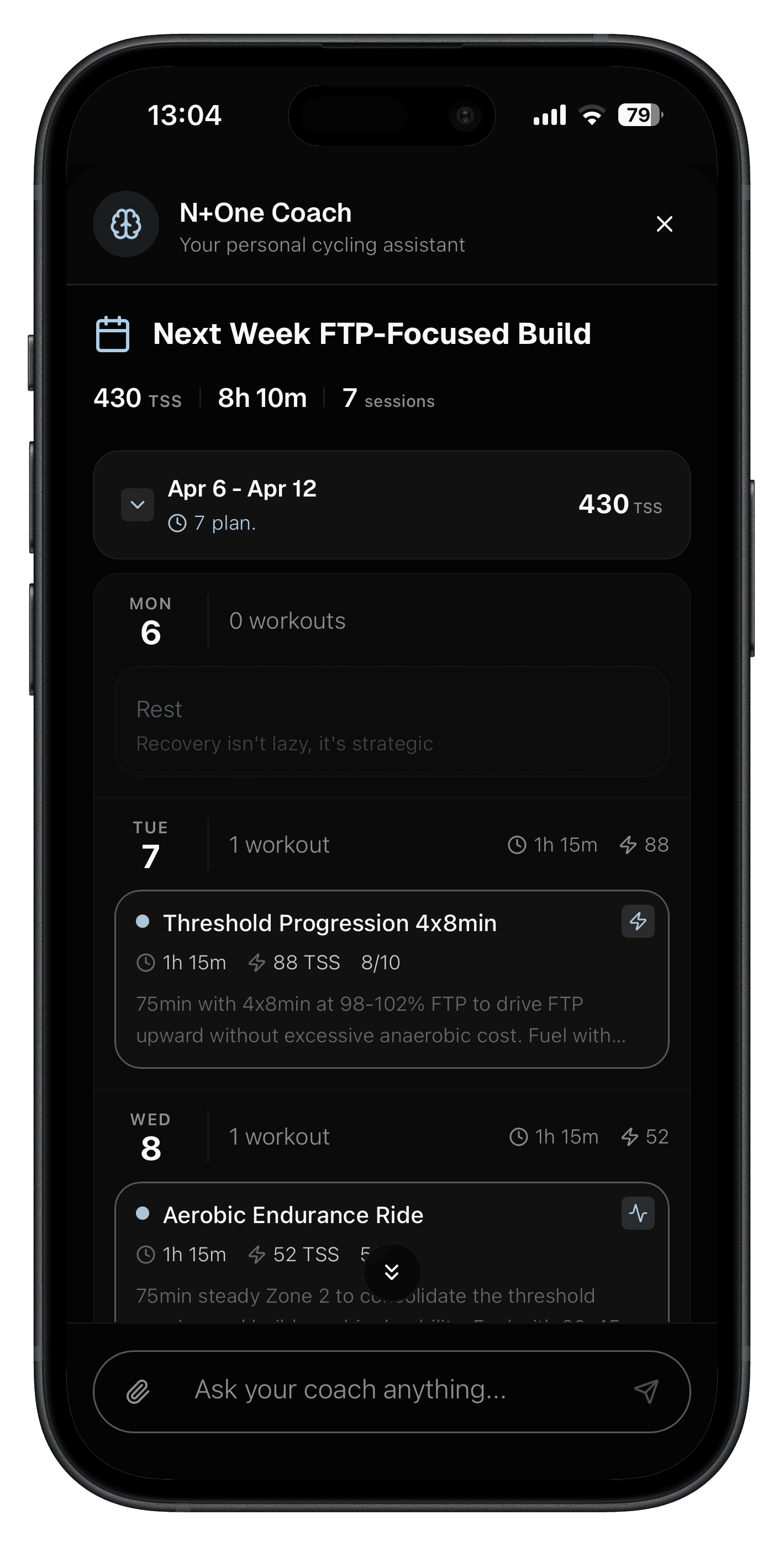 N+One generated weekly training plan with TSS, sessions, and workout breakdown