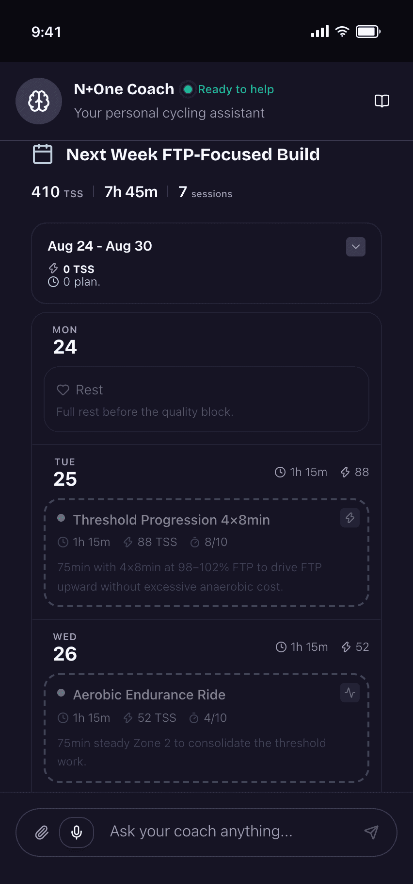 N+One generated weekly training plan with TSS, sessions, and workout breakdown