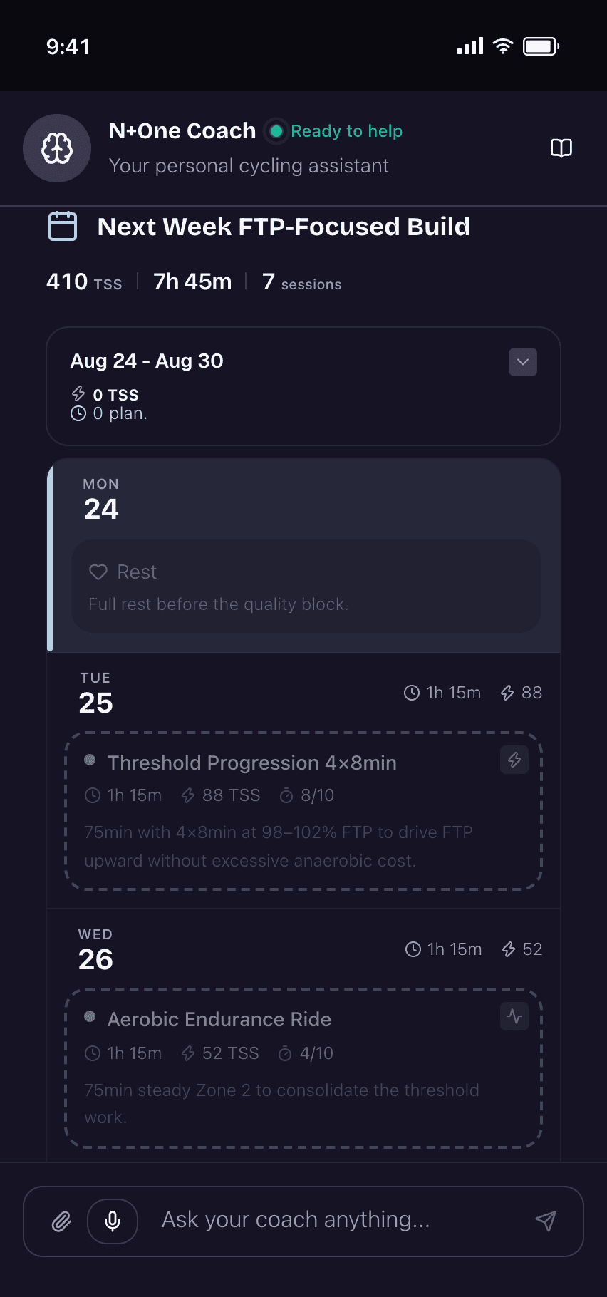 N+One generated weekly training plan with TSS, sessions, and workout breakdown
