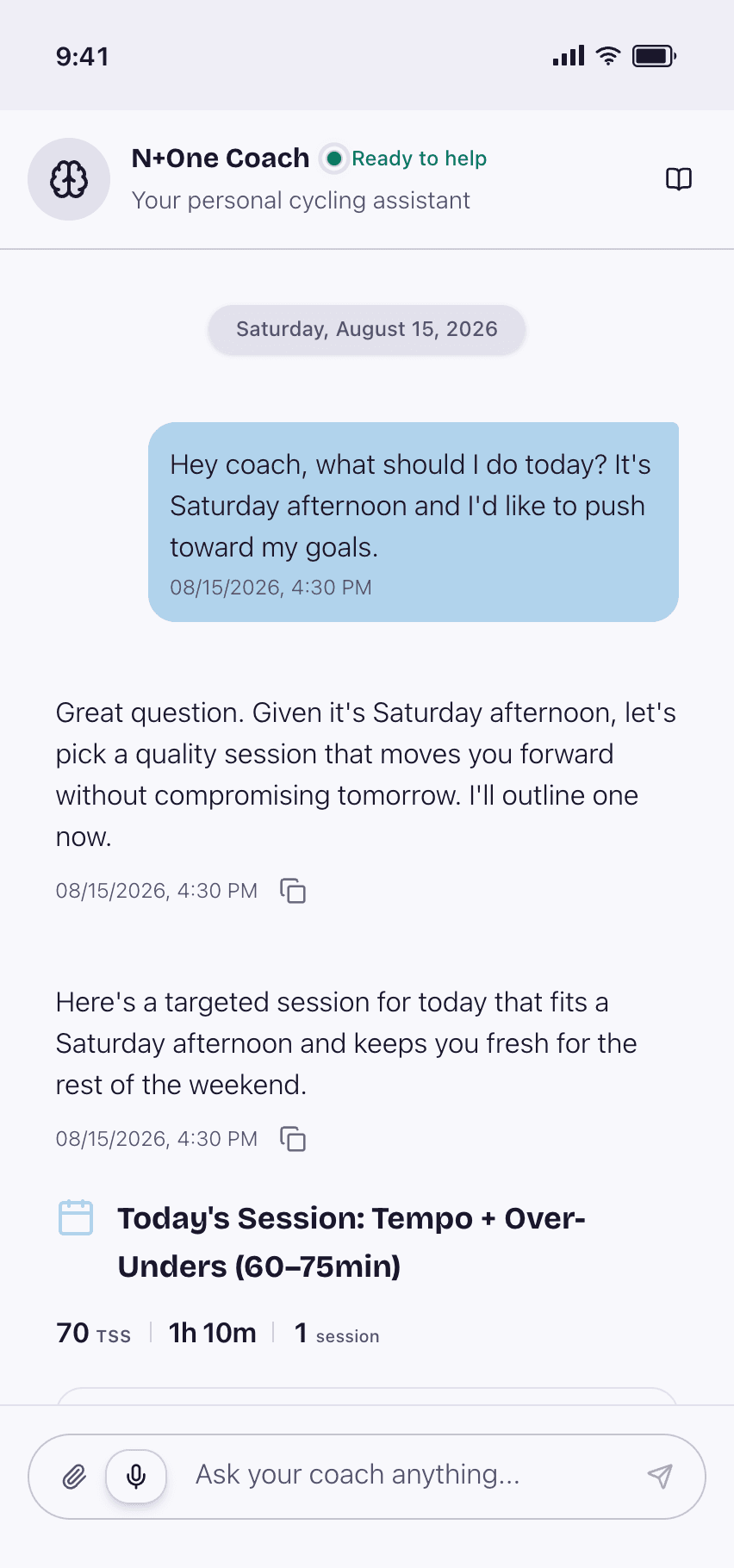 N+One coach chat in light mode, suggesting a personalized workout for today