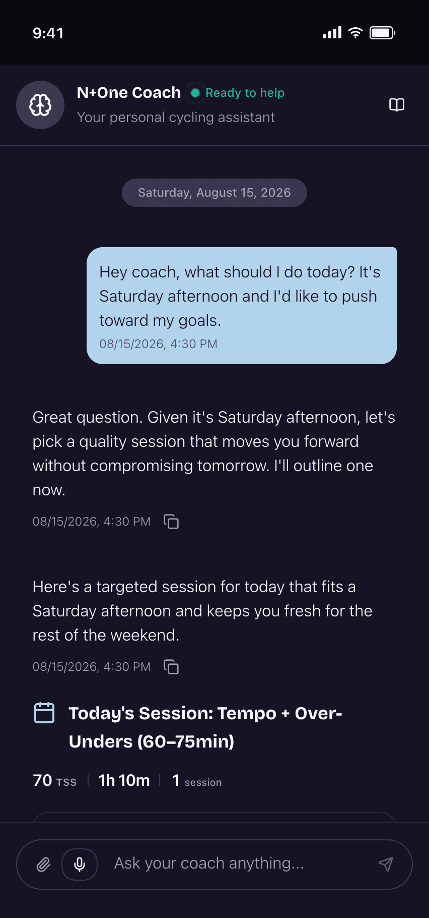 N+One coach chat suggesting a personalized workout for today