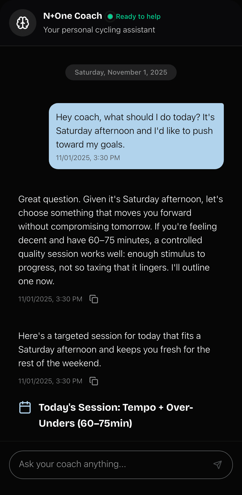 N+One coach chat suggesting a personalized workout for today