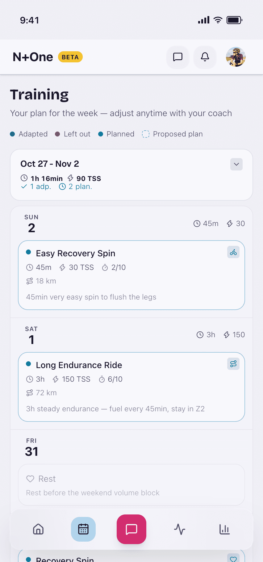 N+One weekly training calendar in light mode