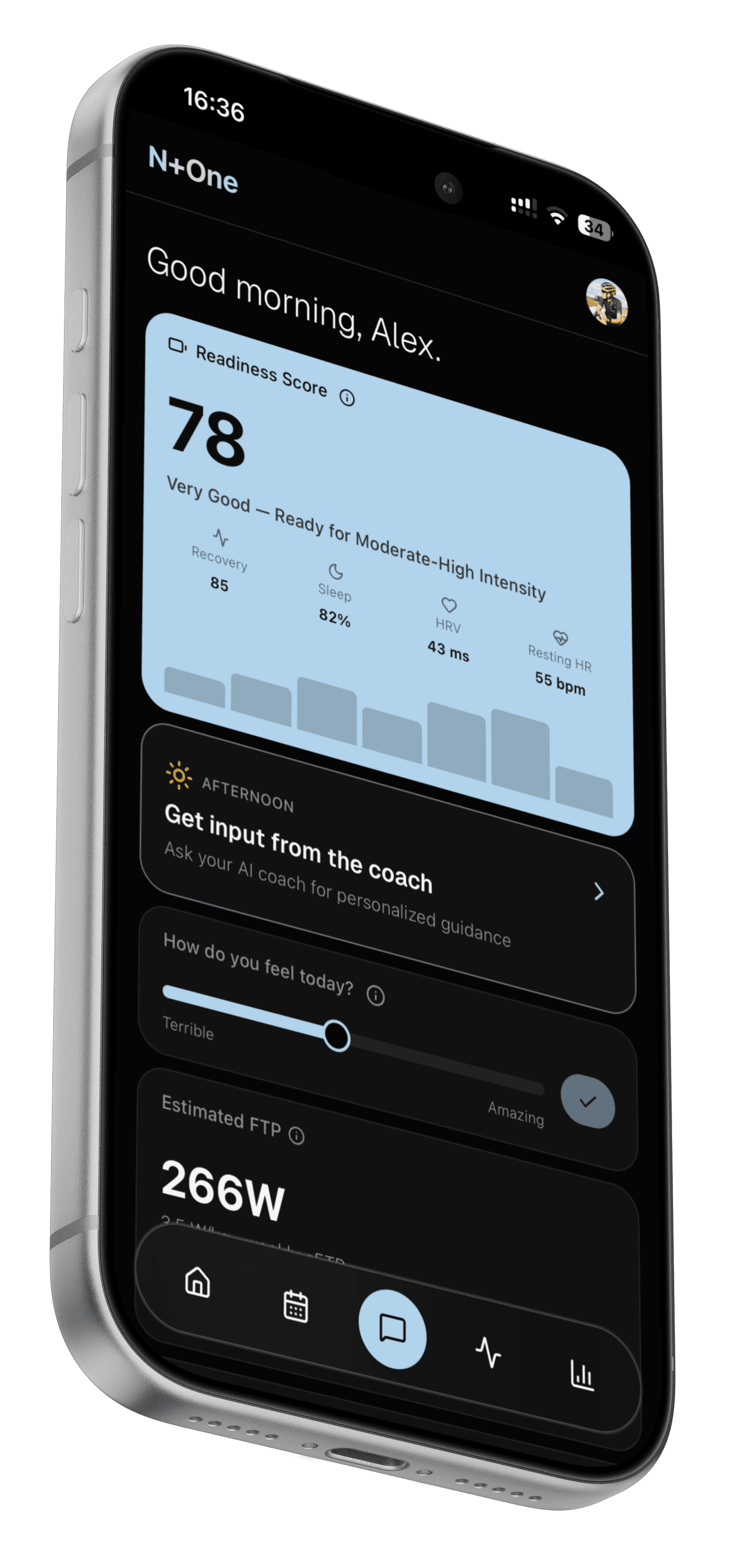 N+One app dashboard showing readiness score, dynamic coaching guidance, and training metrics