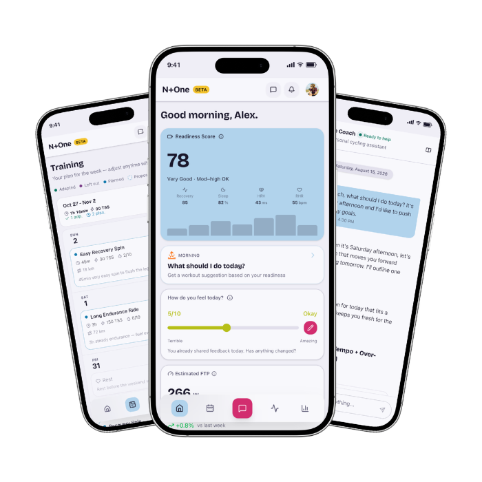 N+One in light mode — overview, training plan, and coach